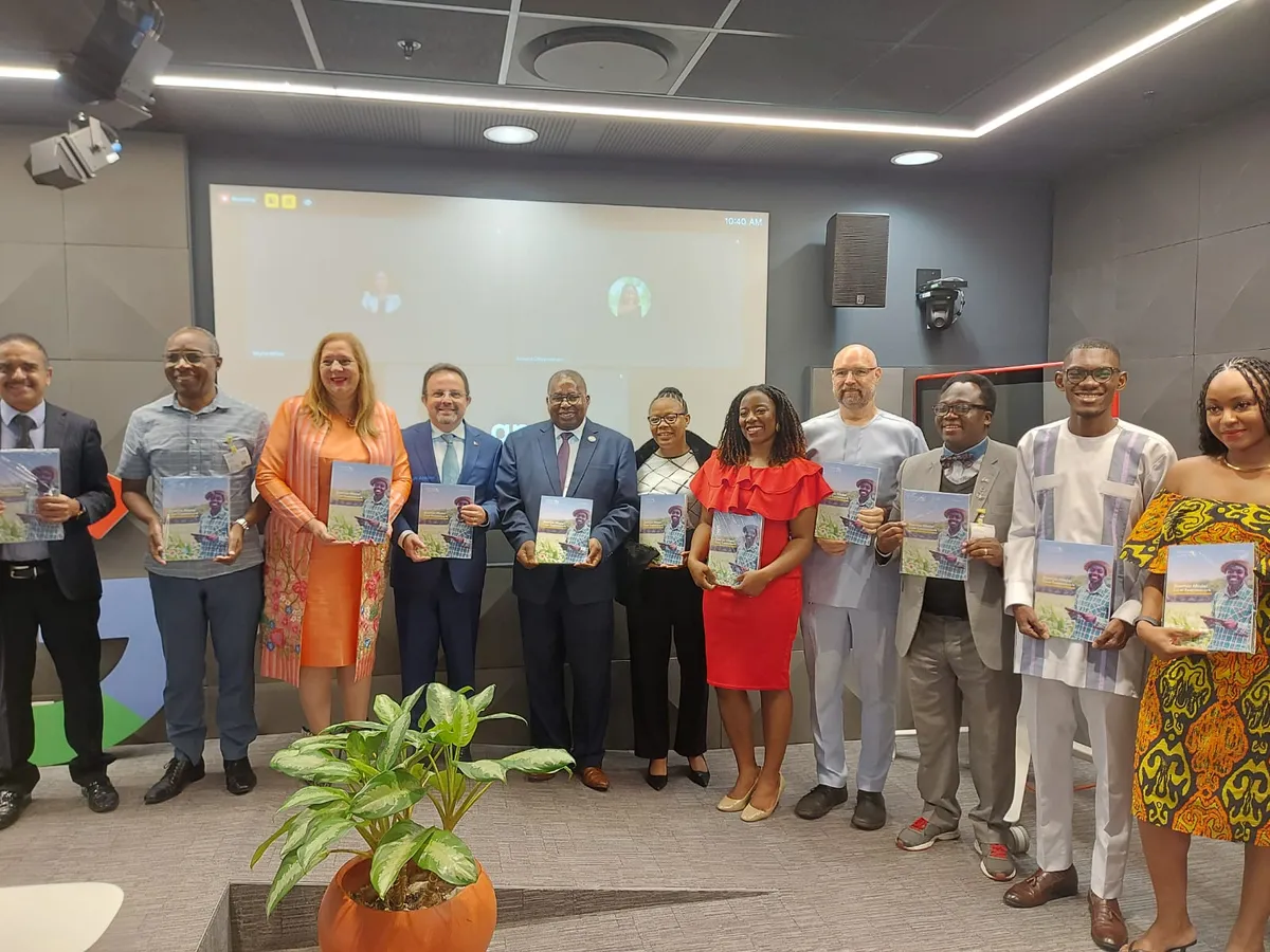 Representatives from the African Union Commission and Google launch the Startup Policy Framework at the Google Ghana Research Center. The group stands together holding copies of the newly launched framework.