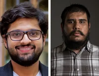 Side-by-side headshots of Dhruv and Abel. Dhruv is wearing black glasses and smiling at the camera. Abel is wearing a grey and white plaid shirt and looking at the camera.