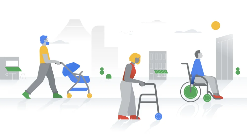 Eine Illustration zeigt einen Person, die einen Kinderwagen schiebt, eine weitere Person, die einen Rollator zum Gehen benutzt und eine dritte Person, die im Rollstuhl sitzt (v. l. n. r.)