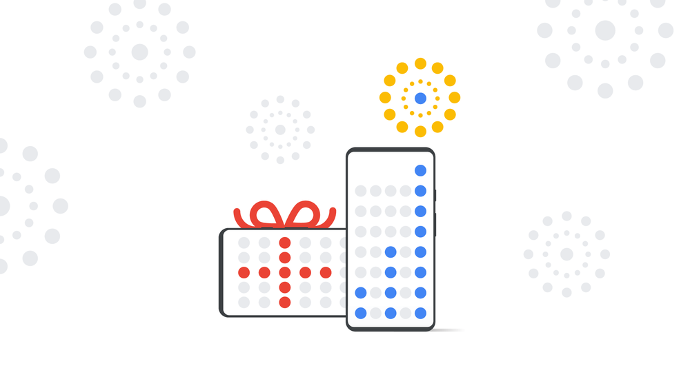Illustration of two mobile devices, one displaying red dots in the shape of a ribbon and the other displaying blue rising dots, with fireworks in the background.
