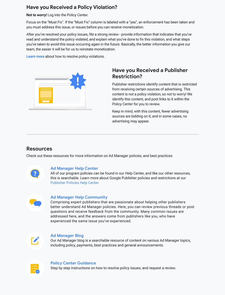 Infographic showing the most common policy questions for Google Ad Manager