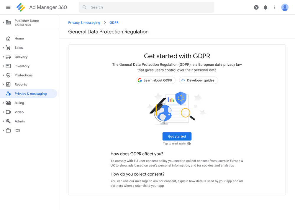 General Data Protection educational card in the Google Ad Manager user interface