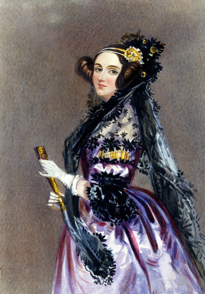 A painting of Ada Lovelace in a historic  lace dress