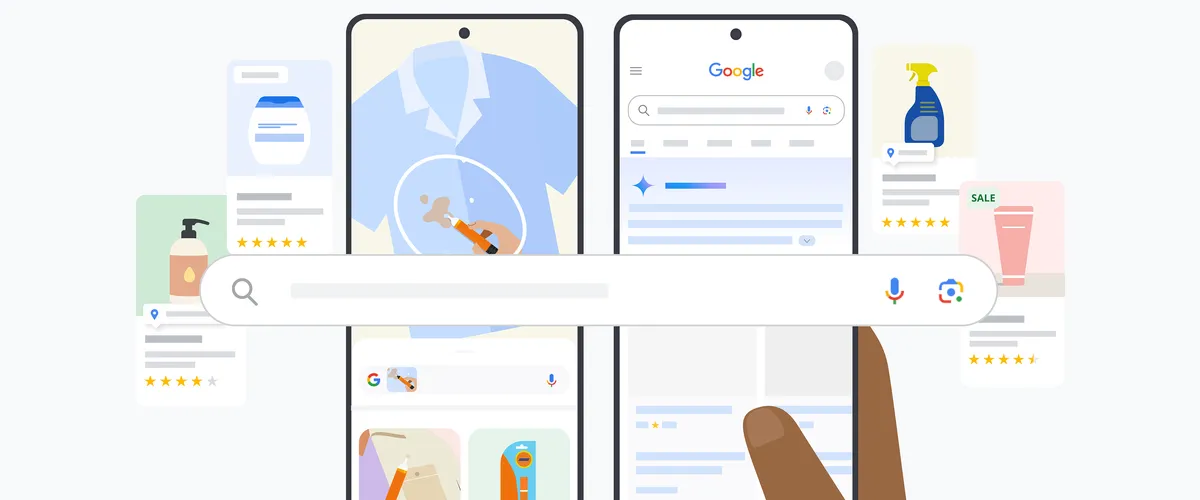 Two phone illustrations showing new search capabilities of Google Lens and AI Overviews as someone searches for information about how to get stains out of clothes.