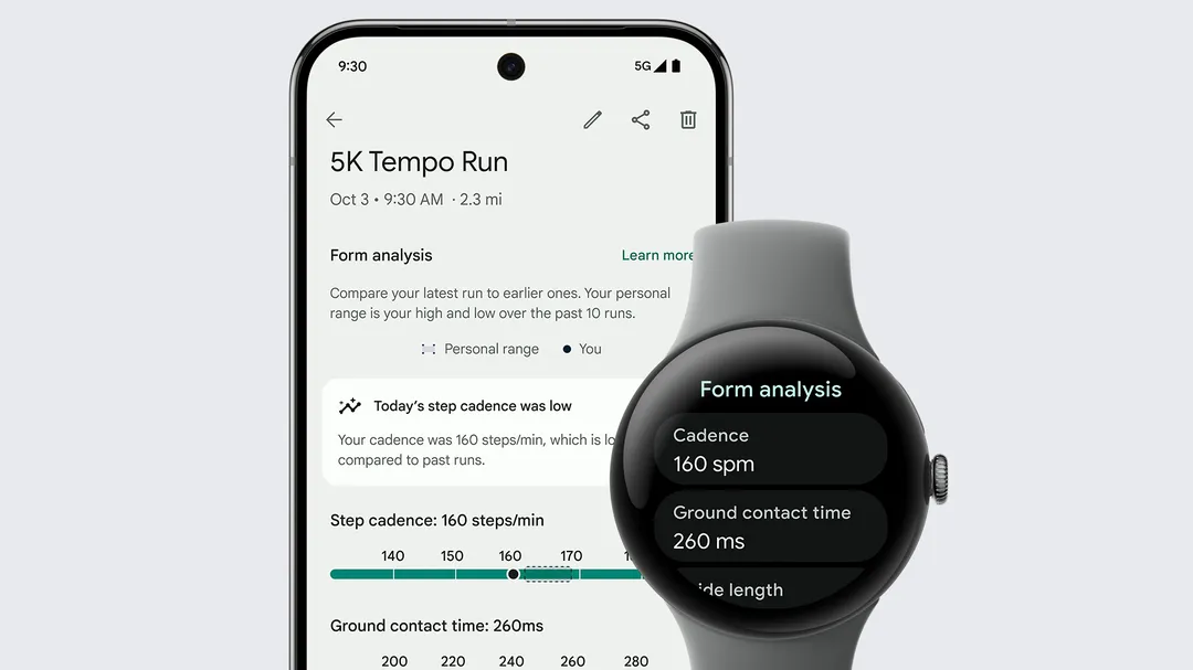 Pixel Watch 3 with Hazel Active Band shows post-workout "Form Analysis" with cadence and ground contact time; in the background is a mobile phone displaying the "Form Analysis" breakdown in the Fitbit app