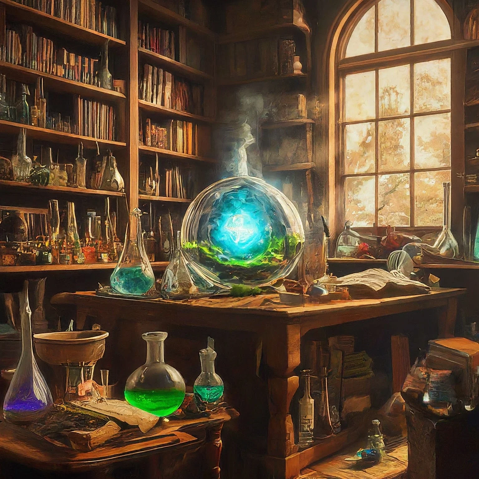 Um laboratório de química com frascos coloridos ao redor da mesa, uma estante de livros ao fundo e a luz entrando por uma janela.