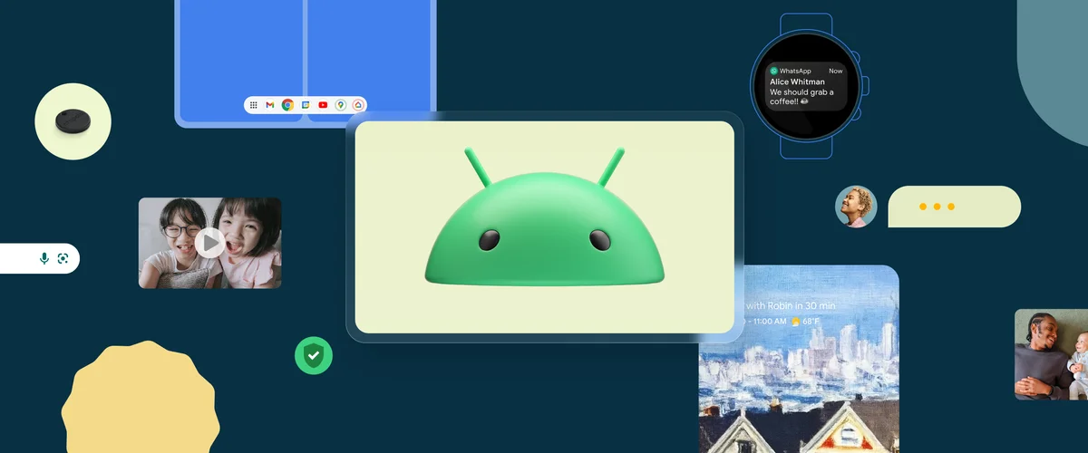 Cabeza del robot de Android en el centro de un collage de video RCS, WhatsApp en un reloj, un fondo de pantalla de IA generativa y una barra de tareas de Android en una tableta con modo de pantalla dividida.