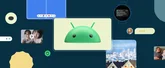 Android bot head in the center of a collage of RCS video, WhatsApp on a watch, a generative AI wallpaper, and Android taskbar on a tablet with split screen mode.