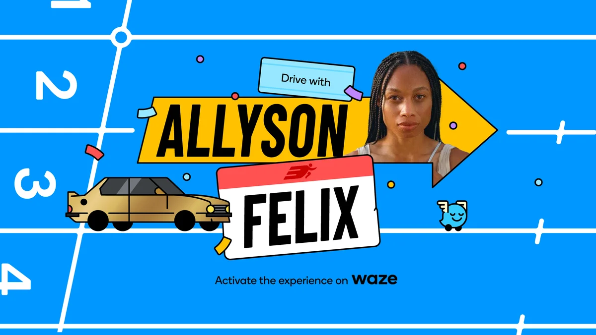 Allyson Felix appears in large yellow and white text with a headshot of Allyson saying “Make a U-Turn. I think we messed up. Oh well. Now we know for next time” and images of a red and white racing bib and large yellow arrow.