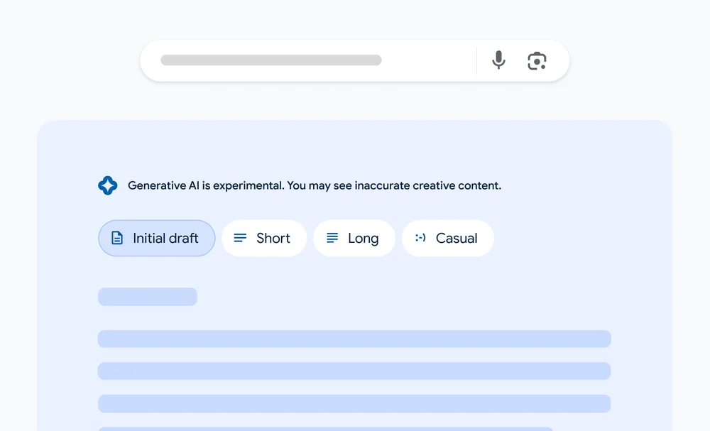 An abstract image of written content with options to change the draft, including “Short,” “Long,” and “Casual.”