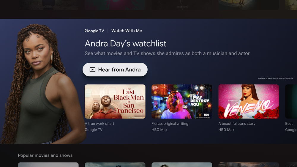 Google TV showing the Watch With Me page with Andra Day’s watchlist.