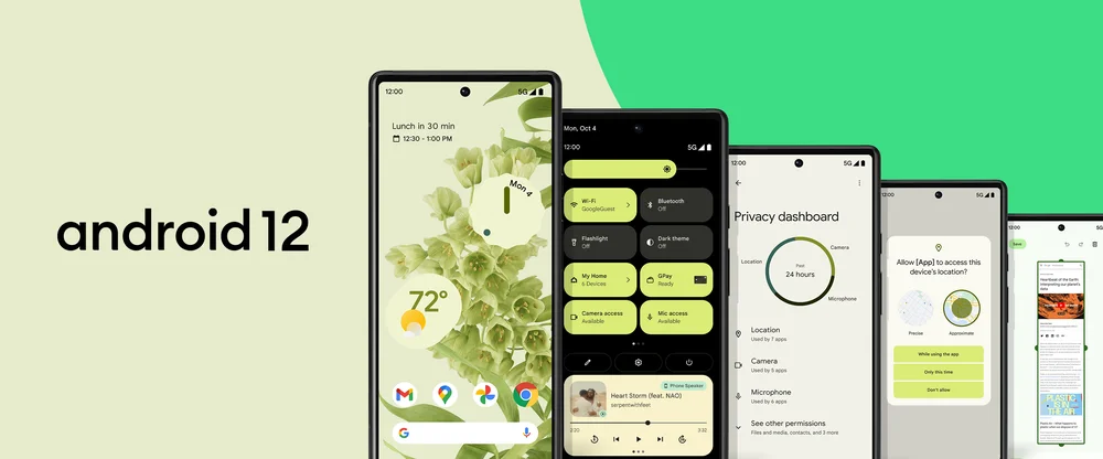 Android 12 のさまざまな新機能の画面の画像。