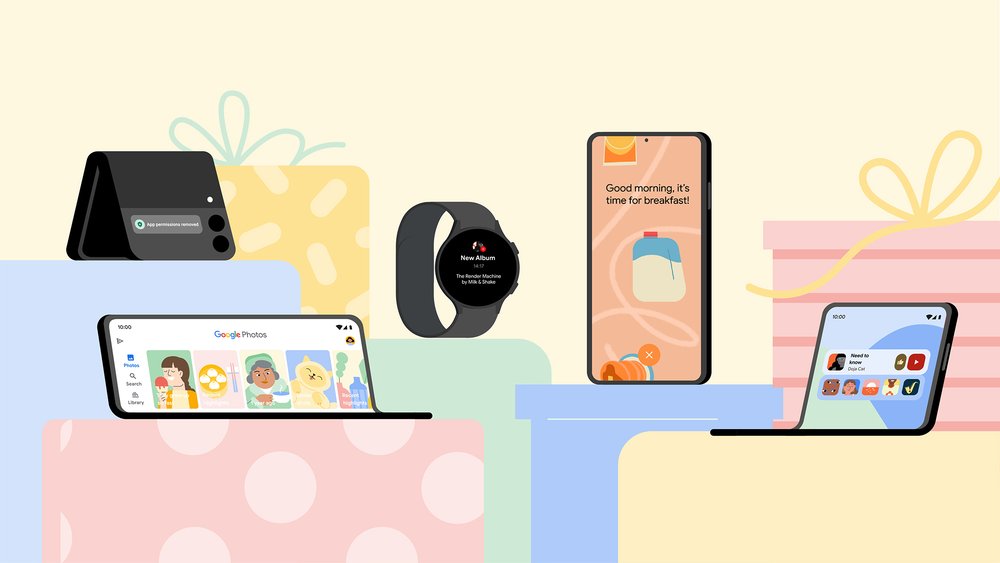 Illustration of four Android phones and a smart watch sitting on top of gift boxes