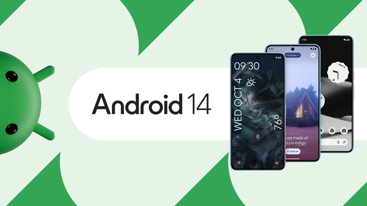 An image with “Android 14” in large lettering in the center, three phones with colorful wallpapers and lock screens and a green bugdroid poking out from the left-hand side.