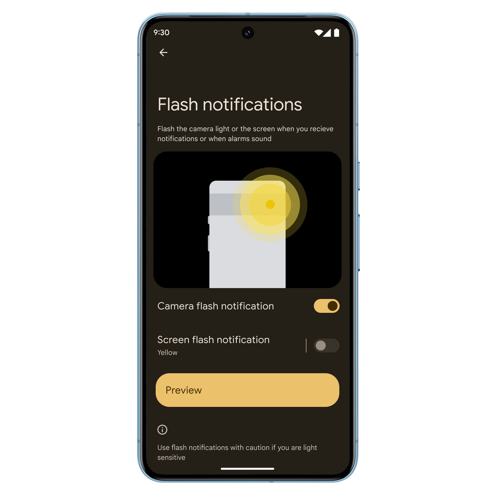 Foto das “Flash notifications”, que permitem alternar entre ligado e desligado nas configurações.