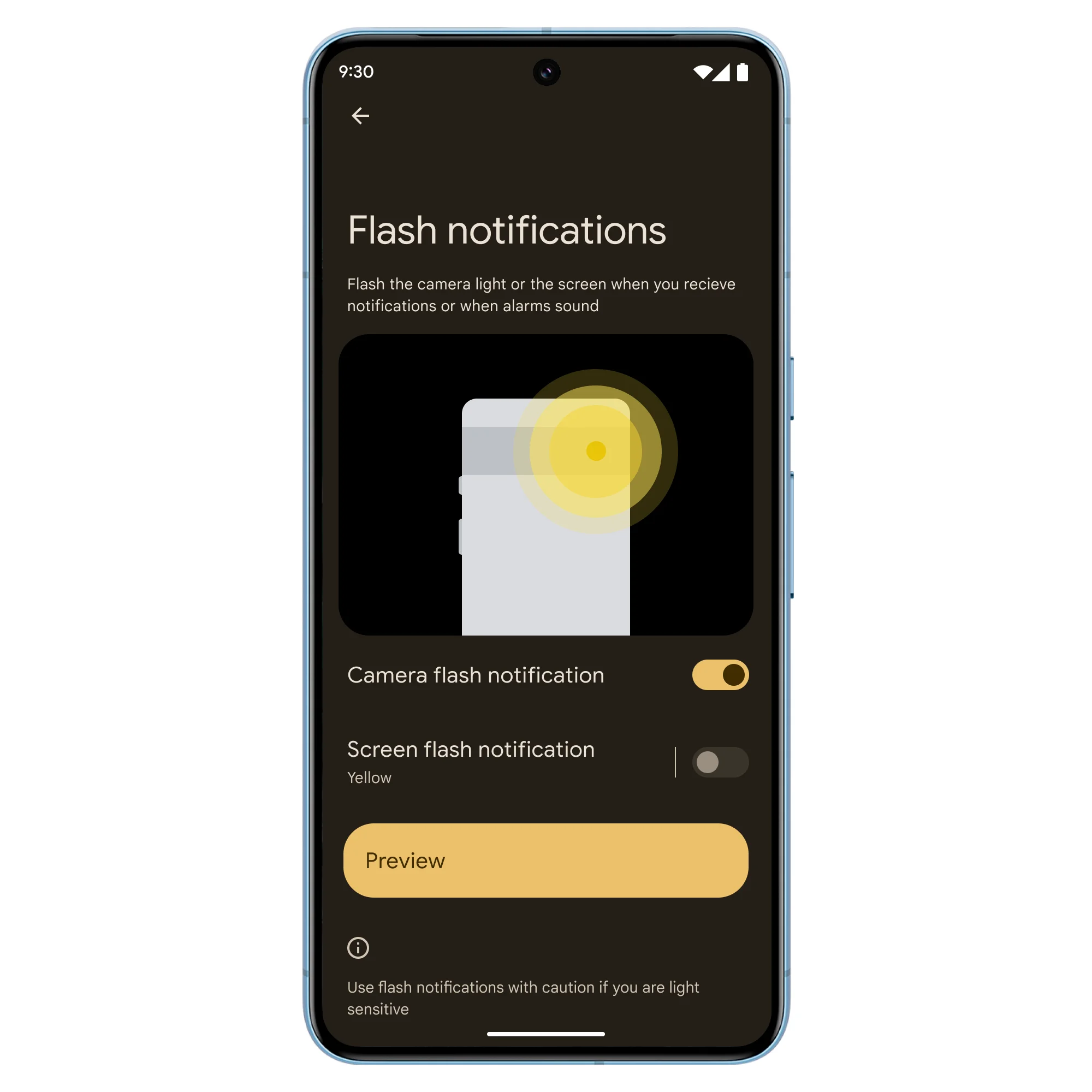 Una foto de las «Notificaciones flash» que te permite activarlas o desactivarlas desde Configuración.