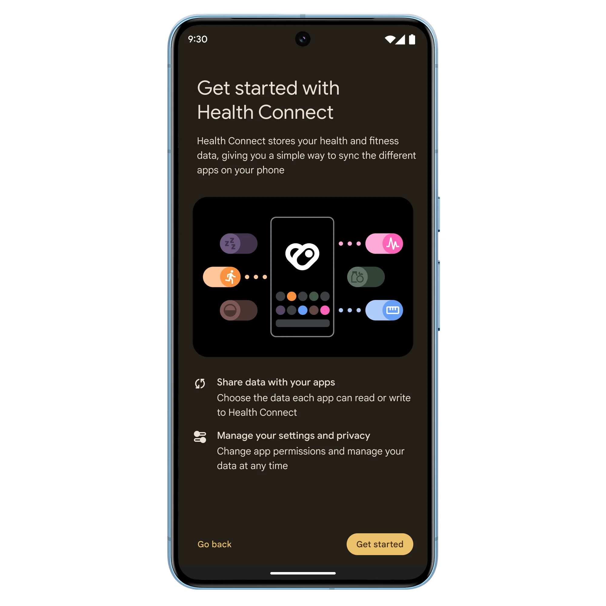 “Get started with Health Connect” em tela de celular, com informações adicionais antes da pessoa iniciar o uso do recurso.