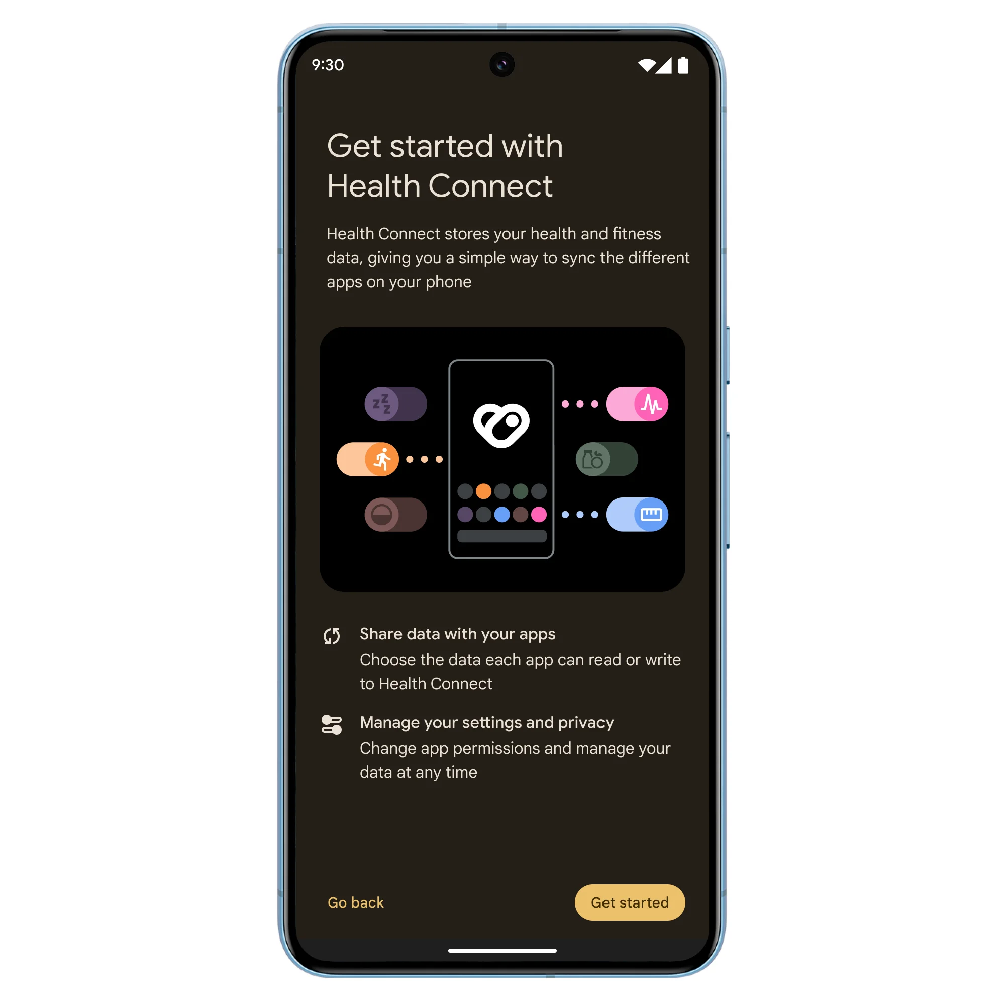 Una página de "Comienza a usar Health Connect" en un teléfono con más información para antes de comenzar.