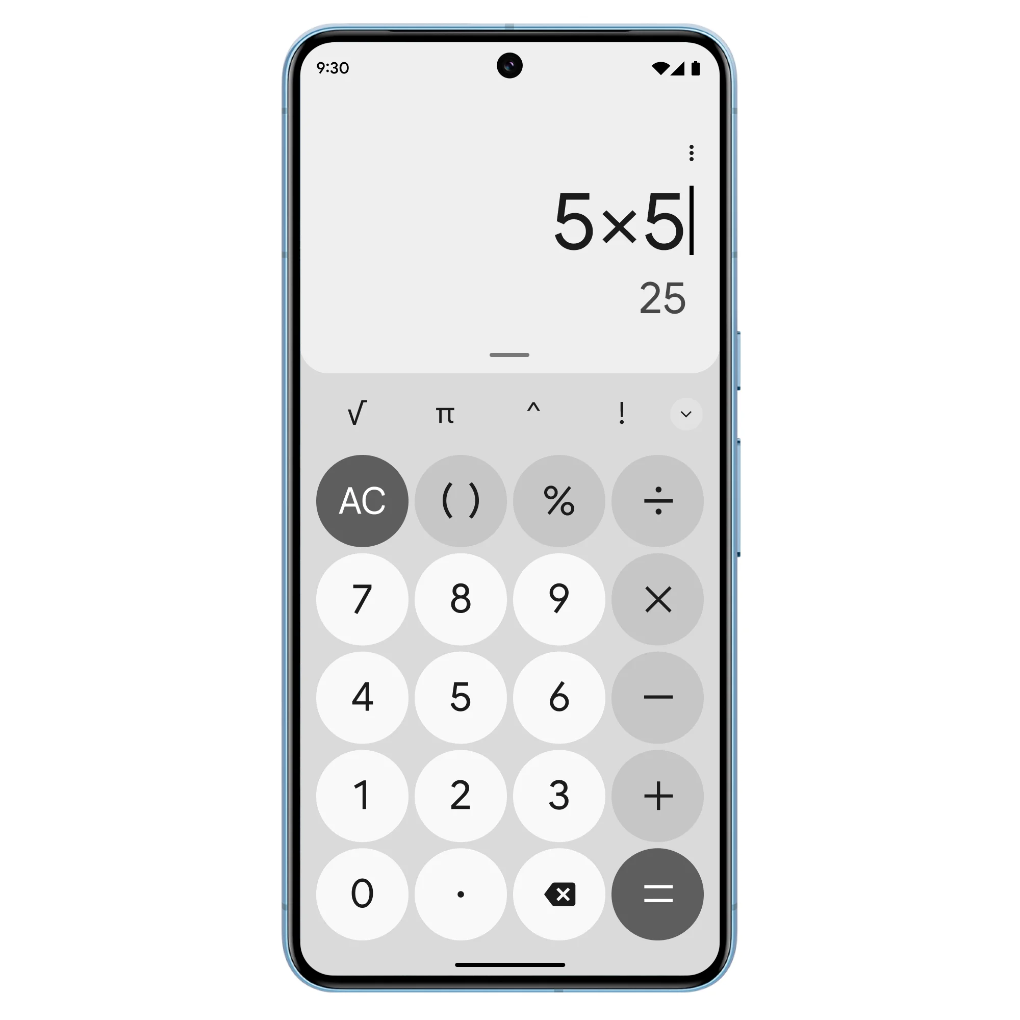 A phone with the calculator open in a complete monochrome look.