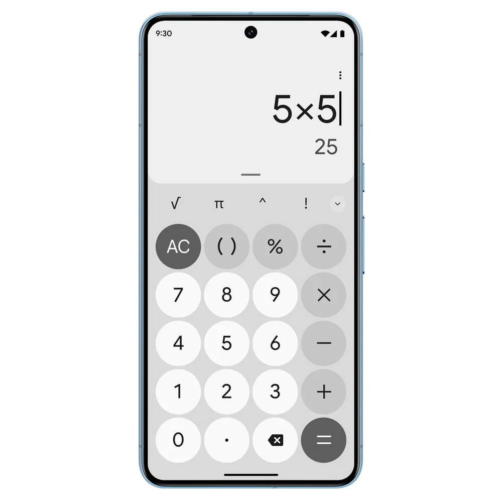 Un teléfono con la calculadora abierta en un aspecto monocromático completo