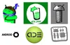 Six different sketches and iterations for Android IDE including an Android robot giving thumbs up, a glass with green substance, a bolt with Android robot antenna, Android text with a circle, ADE text, and a circuit board with the Android robot