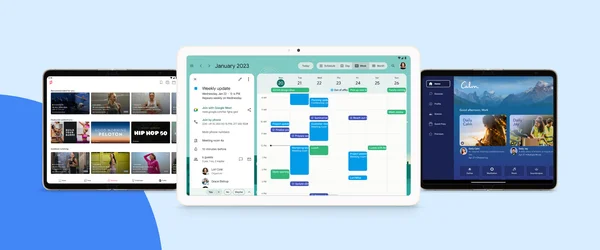 A collection of Android devices with large screens show the Calm app on a foldable phone, Google Calendar on a tablet, and the Peloton app on a foldable phone.