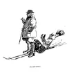 A black-and-white illustration of an out-of-control skier about to crash into the posterior of an older man smoking a cigarette. The caption reads, "An anti-climax."
