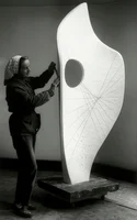 Archival photograph of Barbara Hepworth with a plaster, 1961