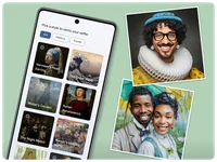 Eine Collage aus einem Smartphone und zwei Bildern mit Personen, die aussehen wie Kunstwerke