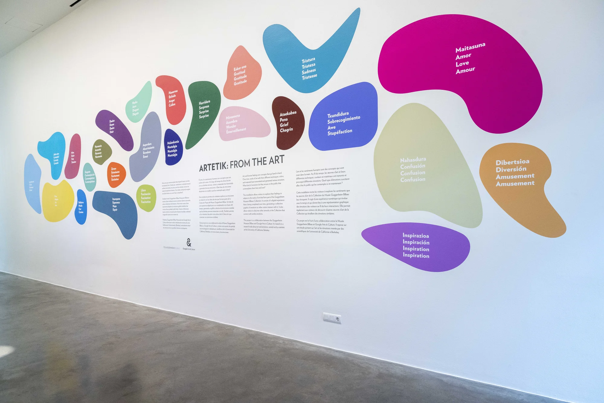 Vinyls on a white wall. Four blocks of black texts surrounded by small colorful sinuous shapes with some words written inside.