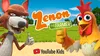 A promotional image for "La Granja de Zenón" on YouTube Kids, featuring a cartoon fox and rooster giving a thumbs up.