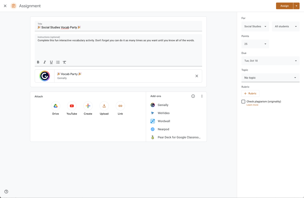 Visual of the Google Classroom assignment creation screen showing the new add-ons module with partner names listed.