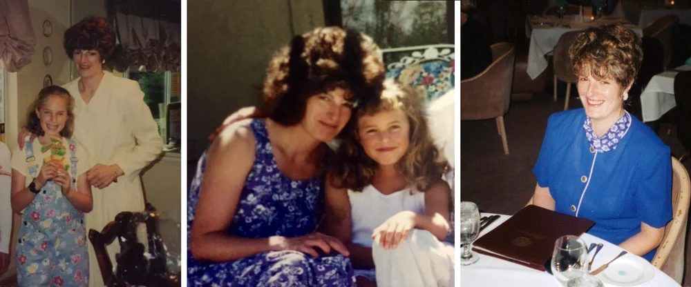 A collage of three photos of an adult woman and her daughter.