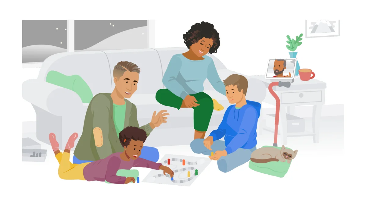 Illustration of a family sitting in a living room spending time together and playing a game.