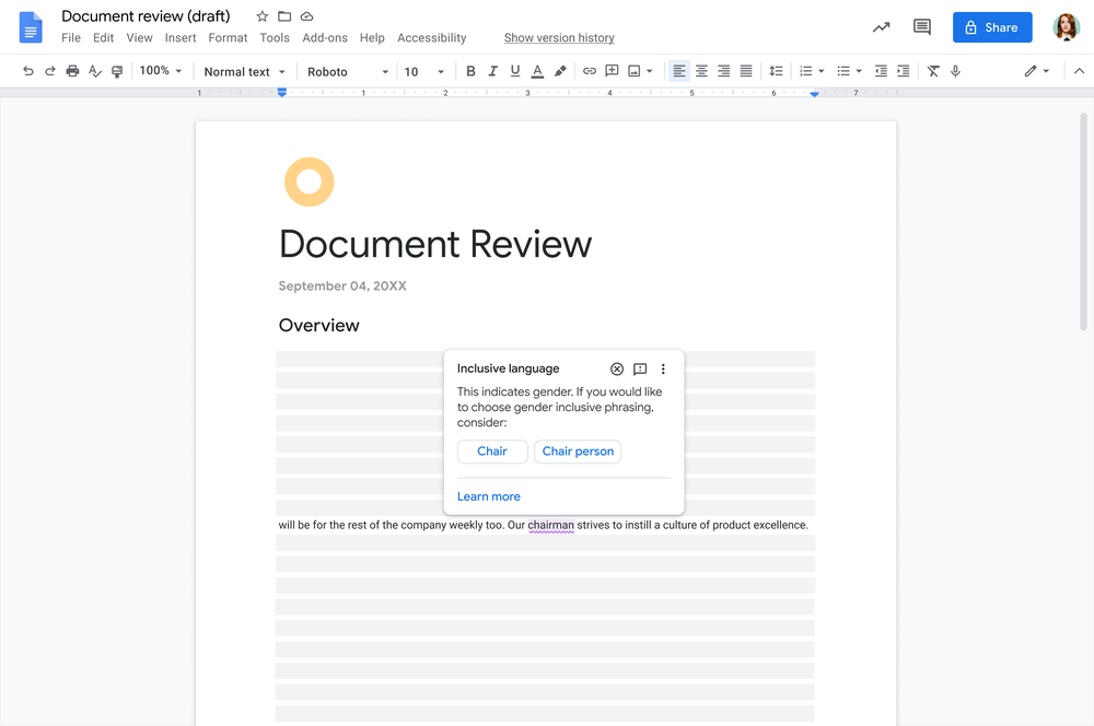 Image showing a screenshot of a Google Doc with an open Doc that says "document review" at the top. A dialog pop up hovers over part of the page with inclusive language suggestions.