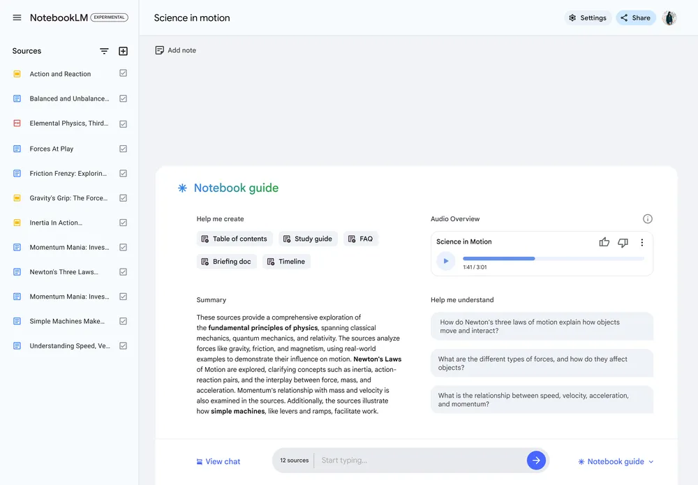 Screen capture of NotebookLM having generated a notebook guide with an audio summary of sources about science.