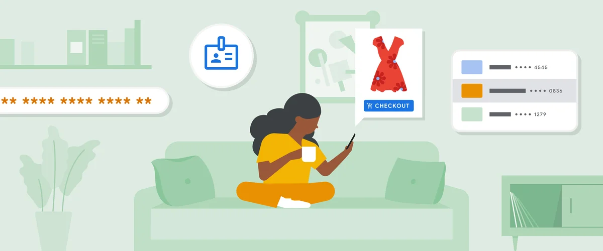 Illustration of a woman sitting on her sofa, holding a mug and shopping on her phone. Graphics of credit cards, star reviews and a dress hover around her.