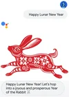 A text conversation is on the screen. First bubble says “Happy Lunar New Year”. The Google Assistant responds with a picture of a red Rabbit and the text “Happy Lunar New Year! Let’s hop into a joyous and prosperous Year of the Rabbit” followed by a rabbit emoji.