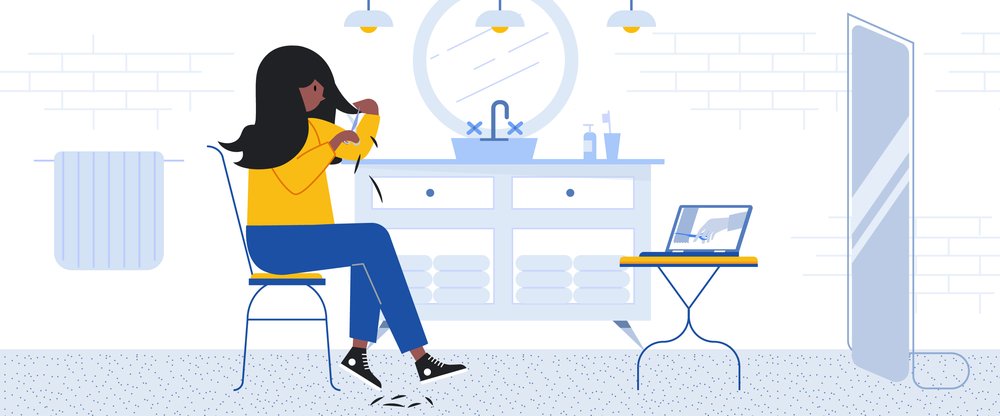 Image shows an illustration of a woman sitting in her bathroom looking into a laptop that's on a stand in front of her while she tries to cut her own hair.