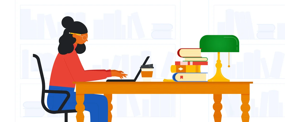 An illustration of a person with glasses and long hair sitting in a library at a desk. They’re laptop is open and they’re typing; a coffee cup, a stack of books and a lamp sit farther back on the desk.