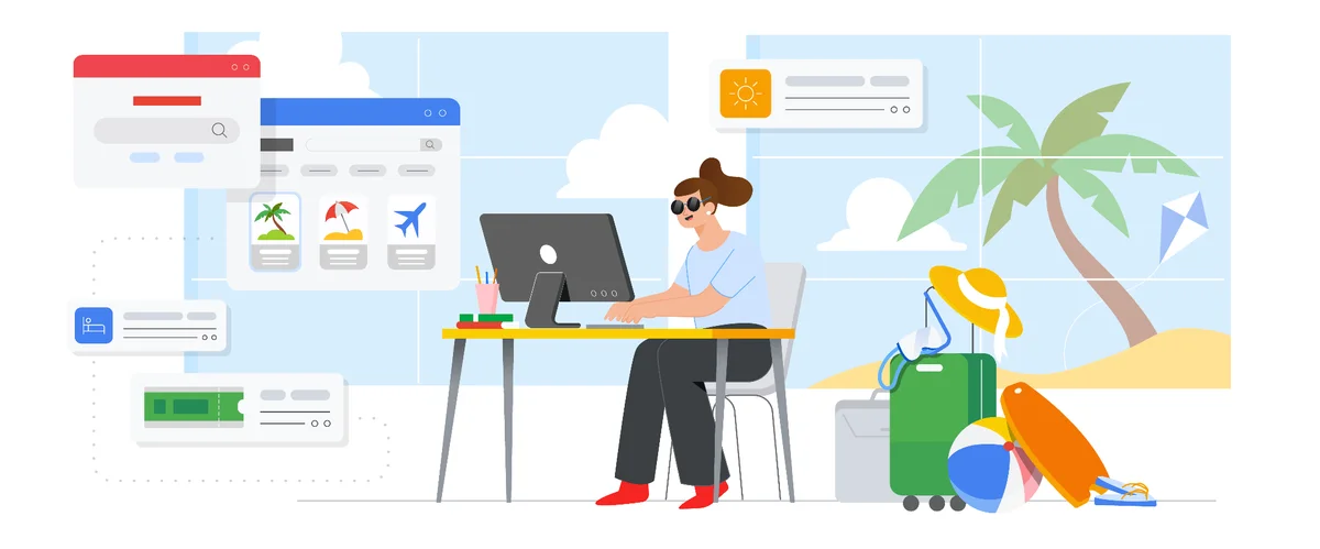 Illustration of a person wearing sunglasses using a desktop computer, surrounded by imagery related to summer and travel, including a beach with palm tree, a suitcase and beach equipment. Also features imagery designed to resemble travel-related Google