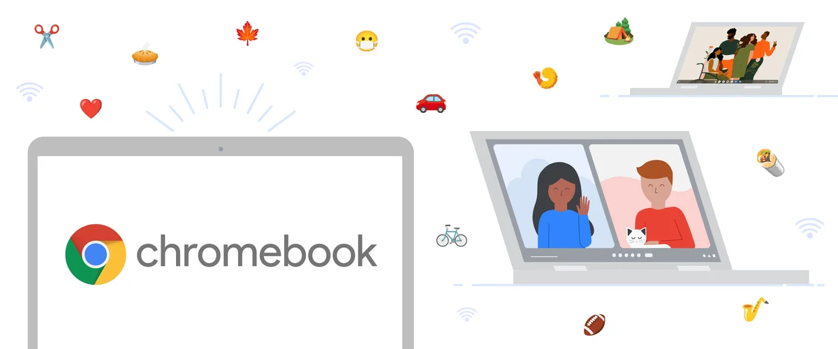 Animation shows three Chromebooks, one with the Chromebook logo, another in a video chat, and another with a wallpaper for our new collection. The background has several emoji and Wi-Fi signal icons floating around.