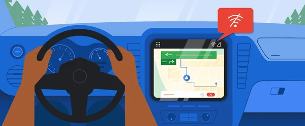 Illustration of a driver behind the wheel of a car while Google Maps is visible on a dashboard monitor.