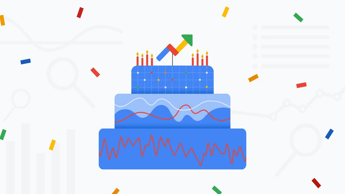 Illustration of a birthday cake with abstract illustrations of charts and graphs in it. A Google Trends arrow icon is on top of the cake.