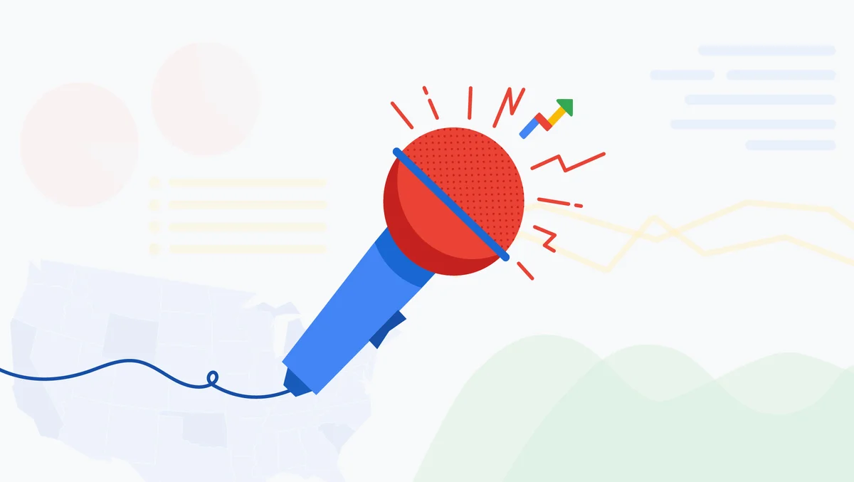 Illustration of a microphone with abstract chart icons, and a Google Trends arrow icon at the top of it.