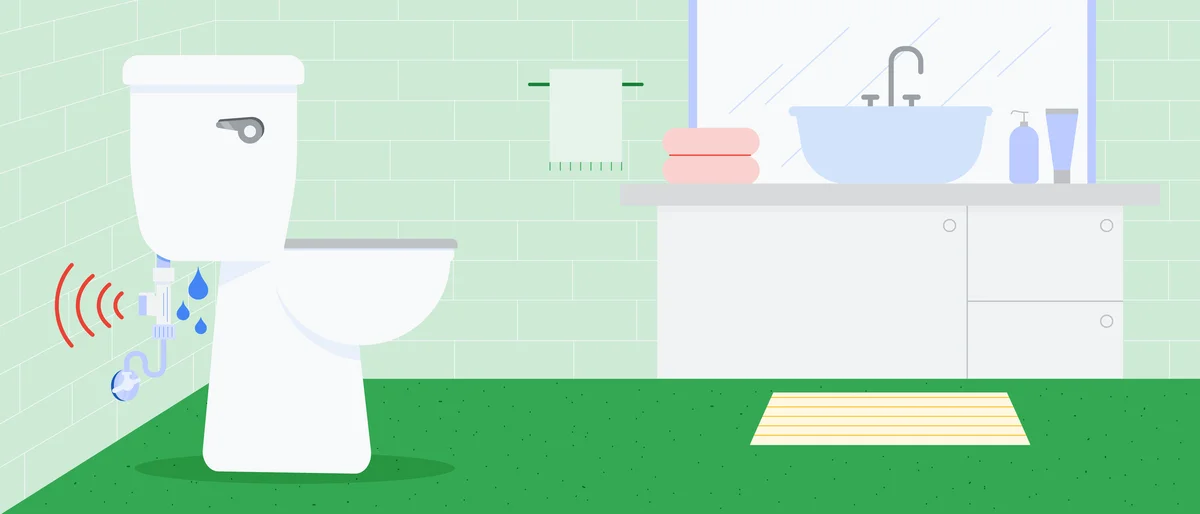 An illustration of a household toilet leaking water with a digital sensor sending an alert.