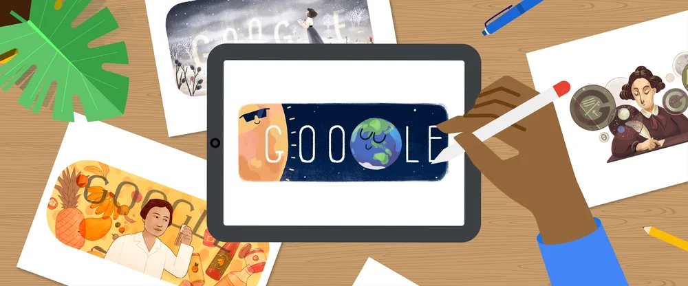 
                         
                           Illustration of a desk with various sketches of Google Doodles on it. A person’s hand is in the frame, holding a digital pen, sketching on a tablet.
                         
                       