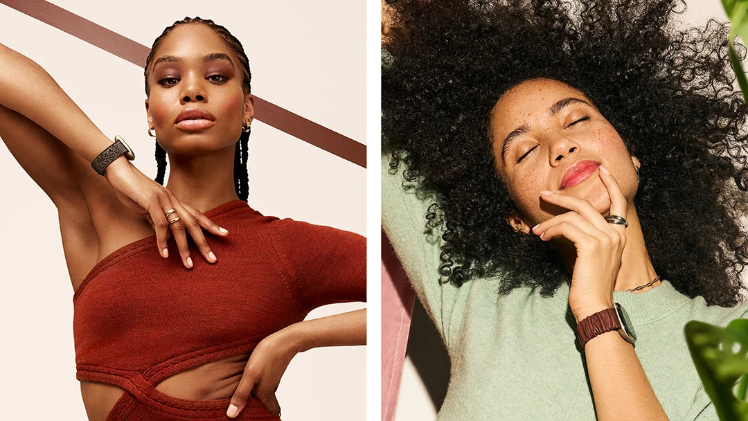 A young woman wearing a light green sweater models the new Fitbit + Brother Vellies band in oak on her Fitbit smartwatch. A young woman wearing a red dress models the new Fitbit + Victor Glemaud band in metallic ombré on her Fitbit smartwatch.