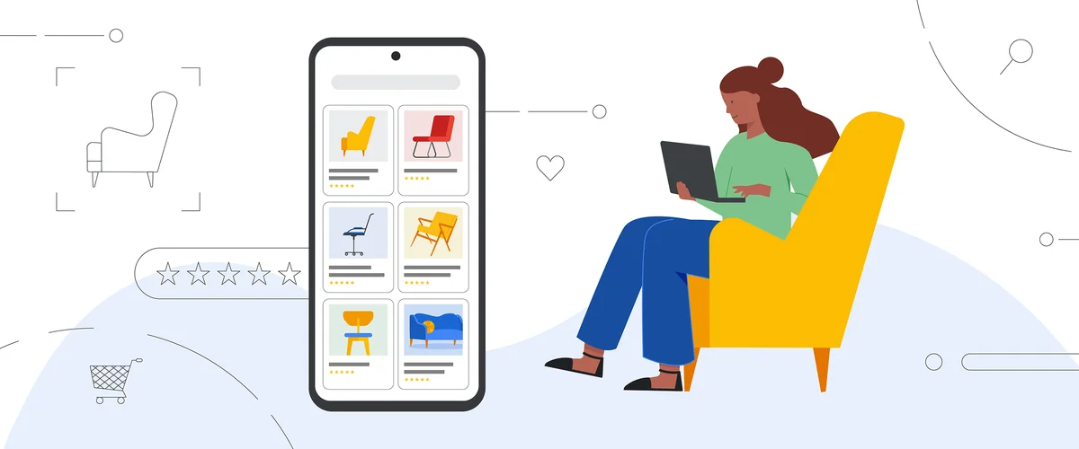 An illustration of a person holding a laptop and sitting in a yellow armchair. Next to them, a large phone shows online shopping results for armchairs.