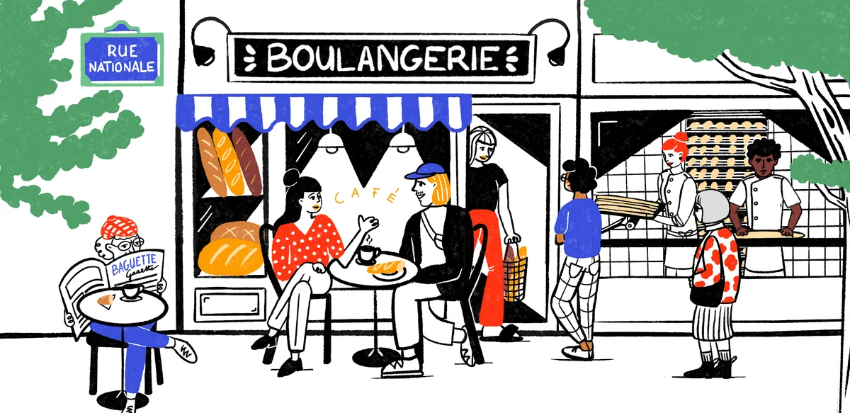 An illustration of a French street scene showing a bakery with people sitting outside and others walking past.